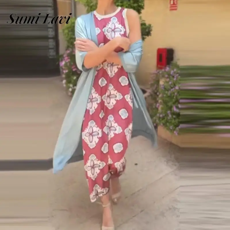 

Women Elegant Long Dress and Cardigan Outfits Fashion O-neck Pattern Print 2Pc Suits Casual Long Sleeve Loose Temperament Sets