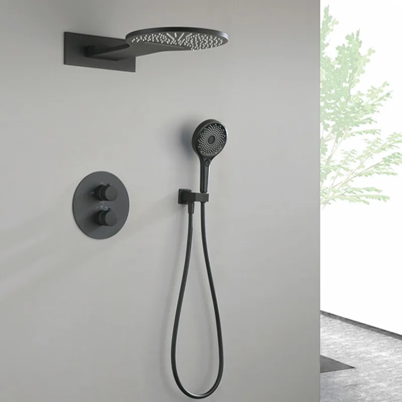 Solid Brass Concealed Shower Set Wall Mounted Hotel All Copper Constant Temperature Home Bathroom Faucet with Shower Head