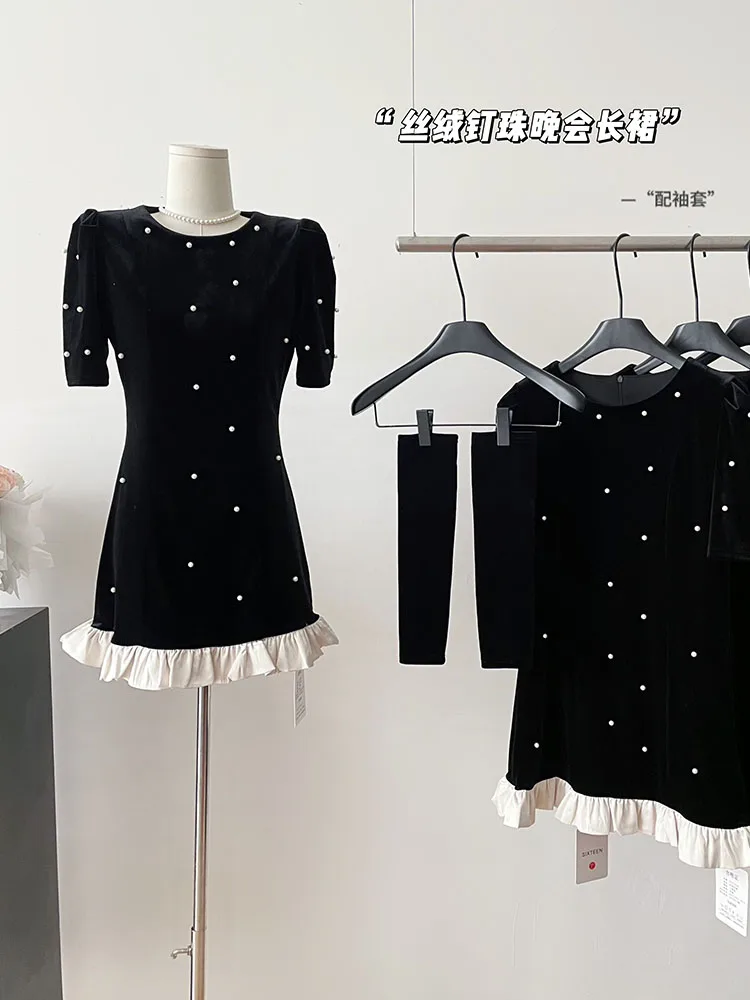 Formal Occasion Pearl A-Line Dress Luxury Black One-Piece Frocks Streetwear Birthday Dress Party Prom Elegant Fashion Gothic Y2K