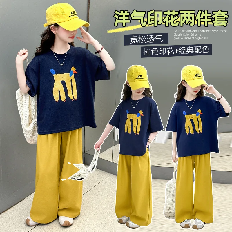 

Girls' Summer Short-Sleeve Sports Casual Two-Piece Set with Long Pants2026New summer fashion for middle and older children