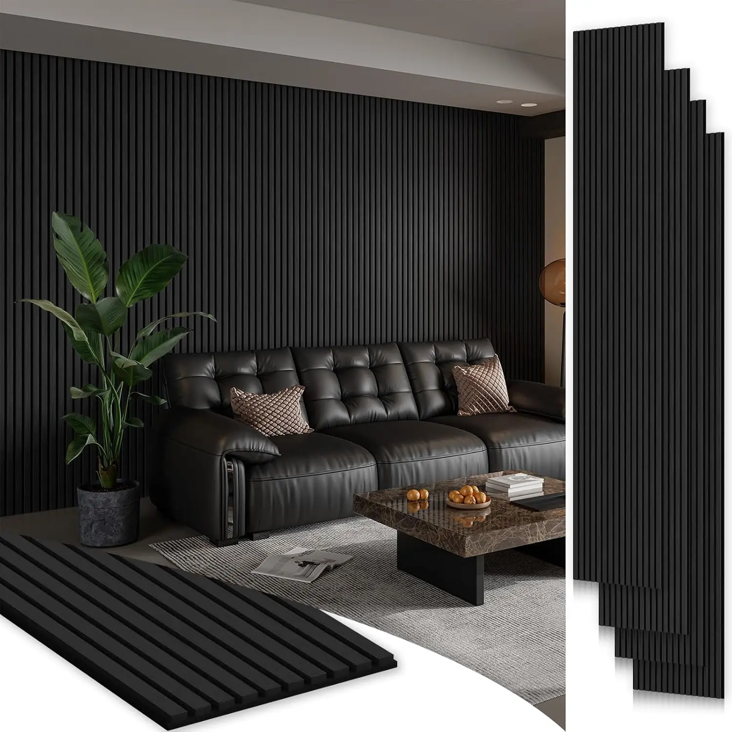 

4 Pack Wood Slat Wall Panels, Soundproof Acoustic 3D Fluted Panels for Interior Decor in Classic Black