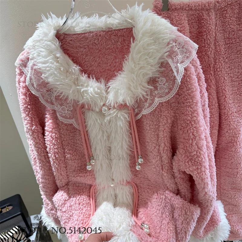 Winter New Coral Fleece Women 2Pcs Pajamas Set Sleepwear Sweet Style Cute New Year Homewear Pijamas Suit Thicken Warm Nightwear