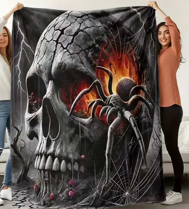 Cooling Blanket with Skull and Spider Theme Soft High-Definition Digital Print Black Horror Soft Breathable All-Season Blanket