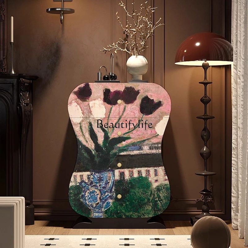 

Red and black light luxury retro style solid wood four-chest cabinet living room drawer locker