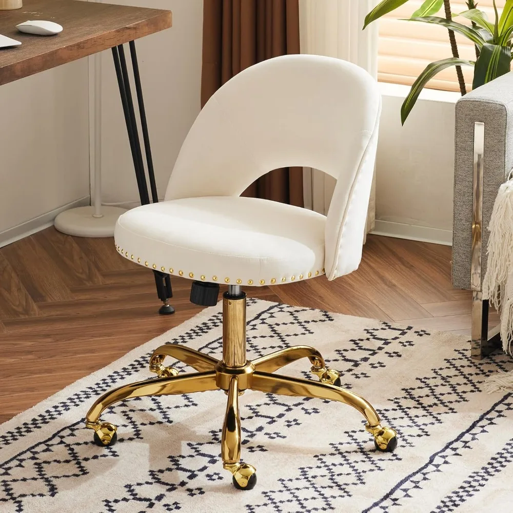 

Modern Velvet Small Office Chair,Cute Desk Chair with Wheels,Gold Base/Studs, Comfy Armless Swivel Vanity Task Chair