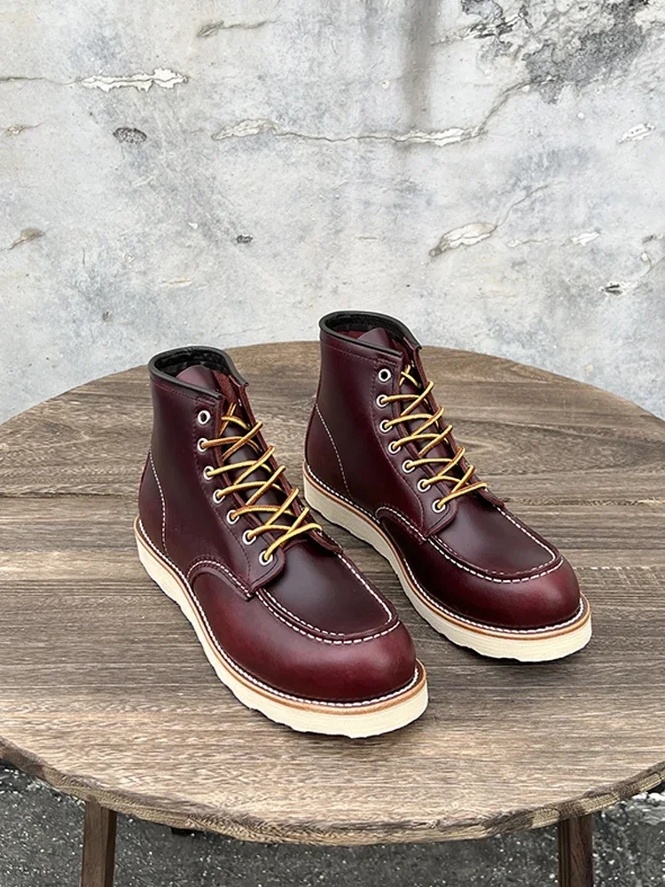 Durable Goodyear-Welted Motorcycle Rugged Heritage Boots Vintage Oil Genuine Leather Red Punk For Men Cowhide Mid-Cut Shoes