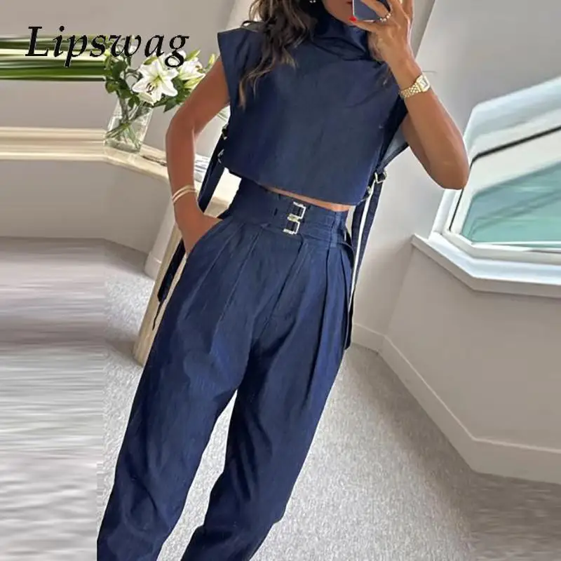 

Casaul Short Sleeve Pullover & Pocket Pant Set Women Elegant Temperament Belt Long Pant Suit Fashion Turtleneck Solid 2Pc Outfit