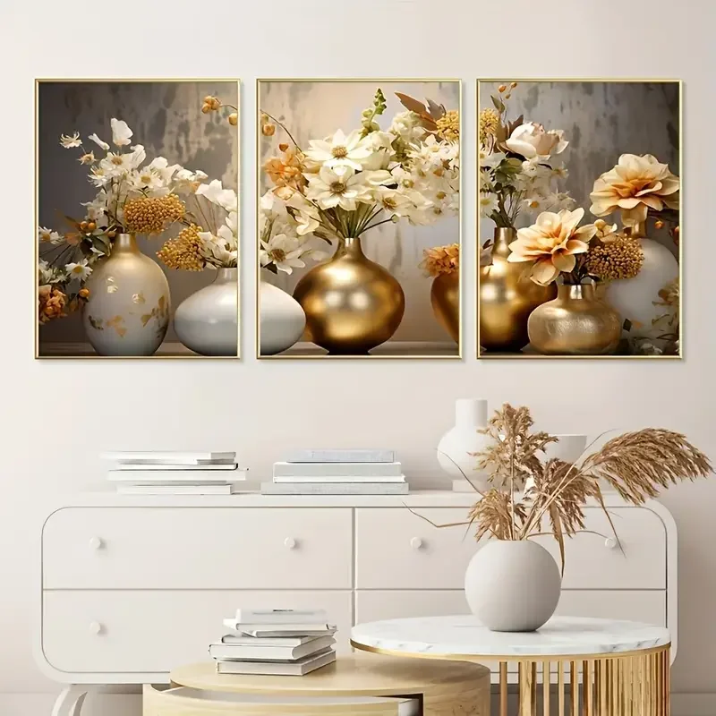 

Abstract Vase & Floral Diy Diamond Painting Art 3Pcs Golden & White Vases Full Diamond Mosaic Embroidery Handmade Decor Triptych