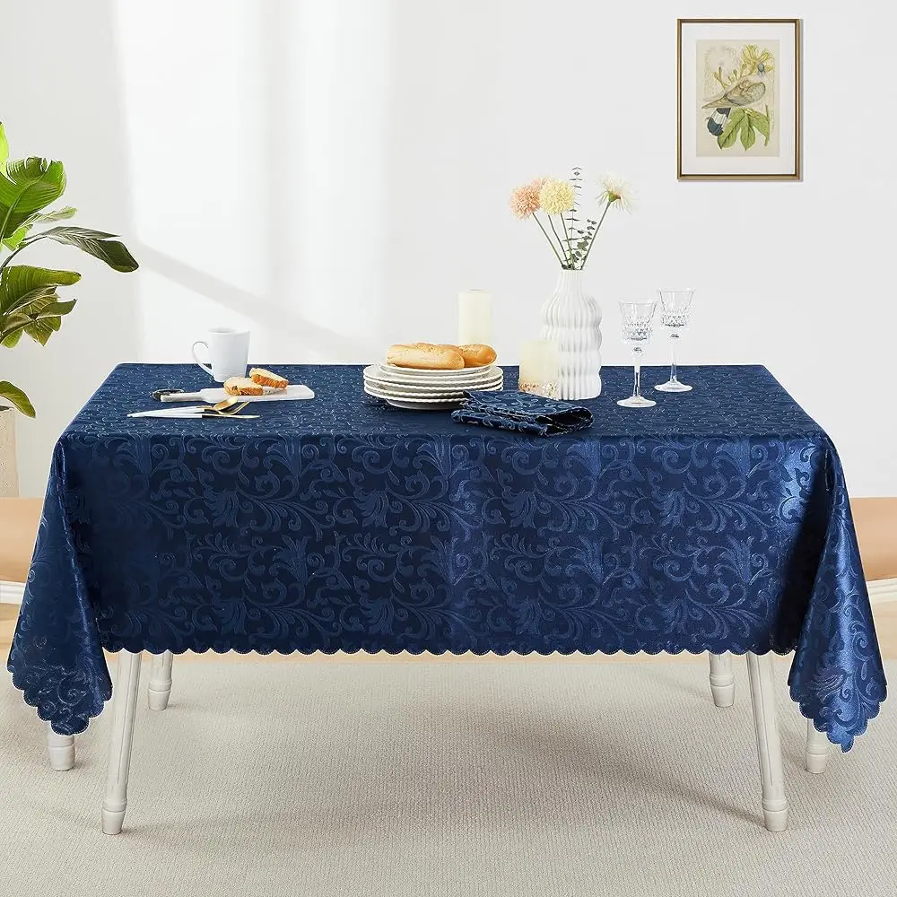 

Wave Scroll Damask Jacquard Rec Deep Sea Blue Tablecloth 60"" 120""，Wipeable Table Cover For Dining Table, Buffet Parties And