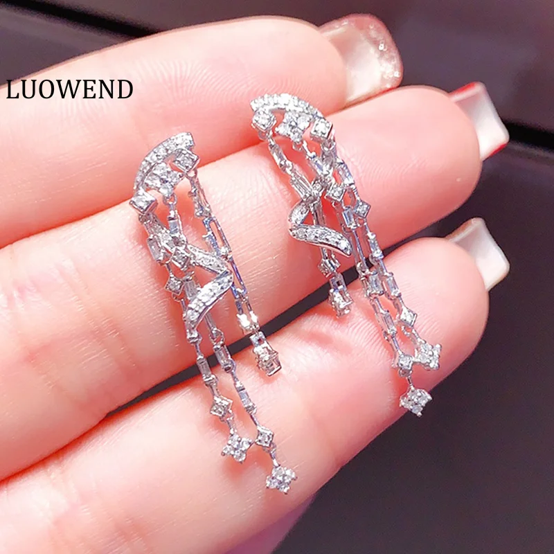 LUOWEND 18K White Gold Earrings Luxury Shiny Design 0.50carat Real Natural Diamond Drop Earrings for Women High Party Jewelry