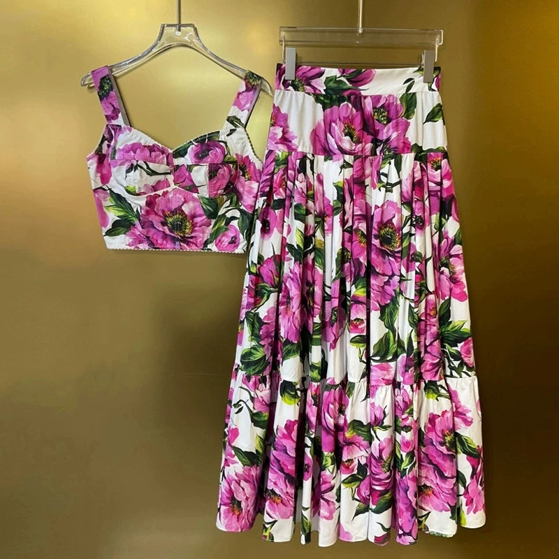 Luxury Designer Inspired Pink Floral Print Bustier Top and Pleated Skirt Set - High Quality Women's Two-Piece Outfit