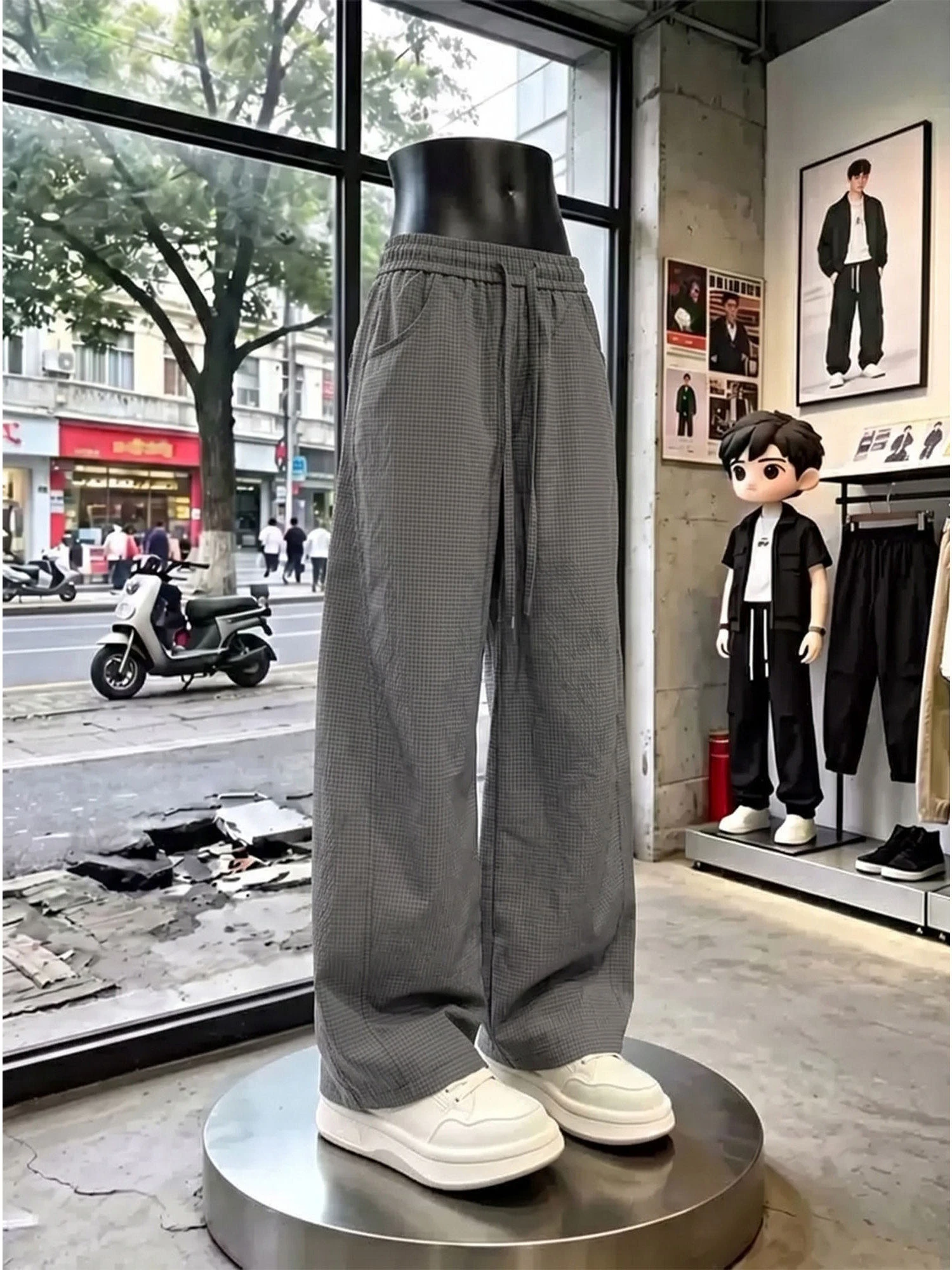 Men's Lightweight Summer Bubble Quick Dry Plaid Casual Pants Loose Straight Leg Trousers Breathable Comfortable Unisex