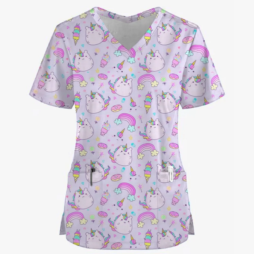 Klinische Uniform Frau Niedlicher Tier-Cartoon-Druck Mode V-Ausschnitt Chirurgische Uniformen Kurzarm Patch Pocket Top Medizinische Kleidung