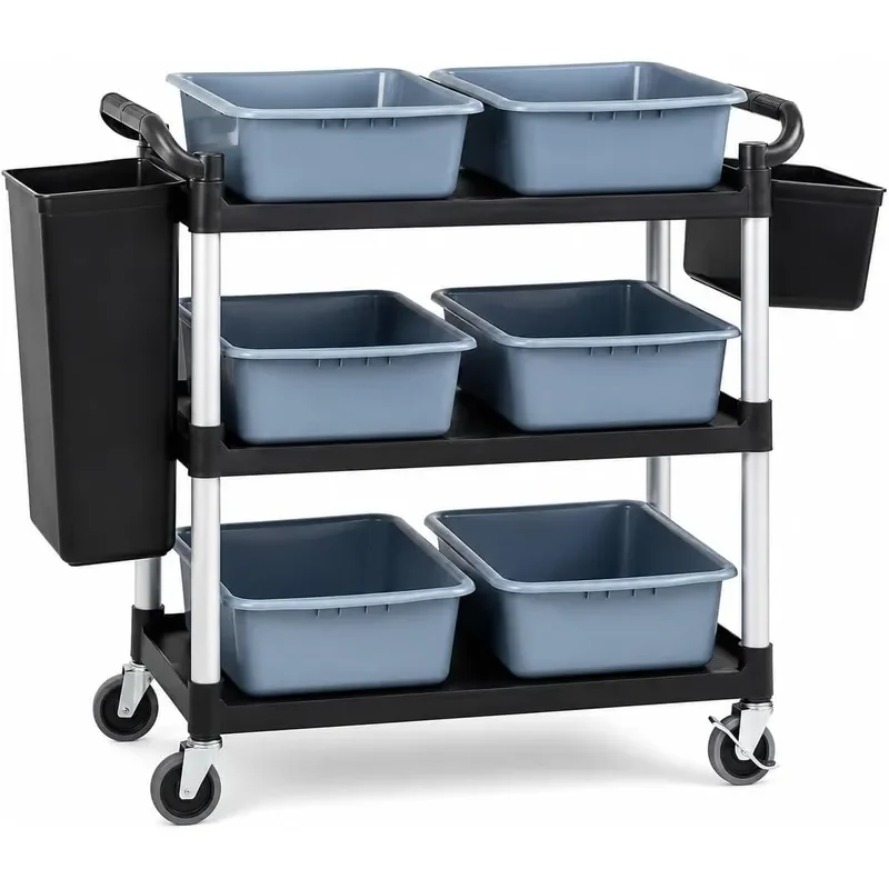 3-Tier Commercial Utility Cart with 6 Gray Bus Tubs & 2 Hanging Bins, 550 lbs Capacity Heavy-Duty Rolling Service Cart with
