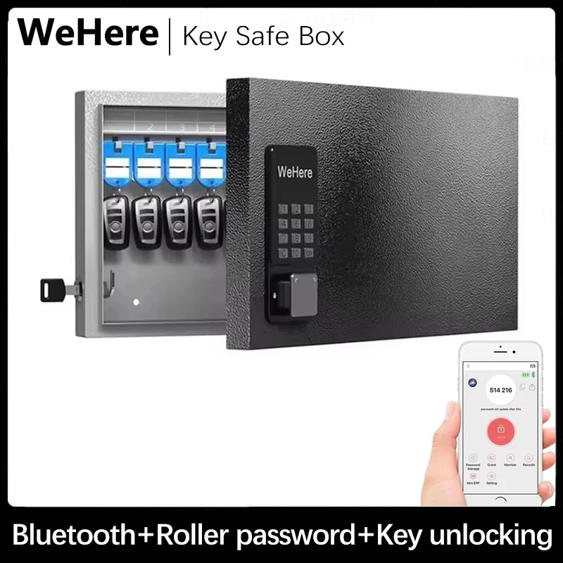 Key Safe Box Wall Mount(24 Keys),Smart Key Cabinet Key Tags, Bluetooth/OTP/APP/Fixed Code Unlock, Security Storage Key Holder