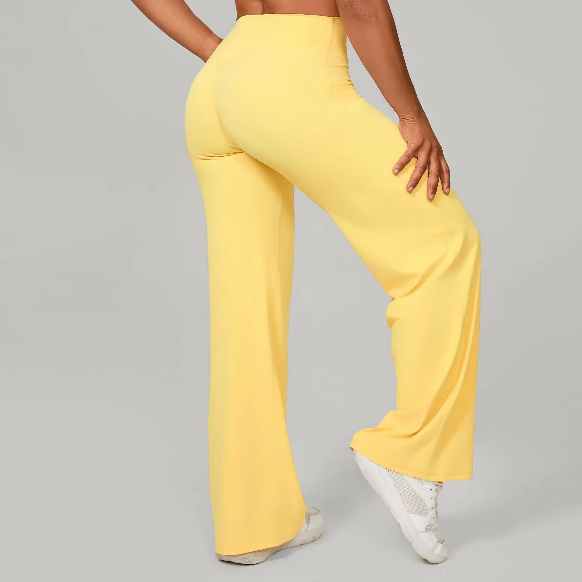 Pilates Straight Yoga Pants Joker Logo High Waist Elastic Closure Solid Pattern Flare Leg Style for Running Exercise Fitness