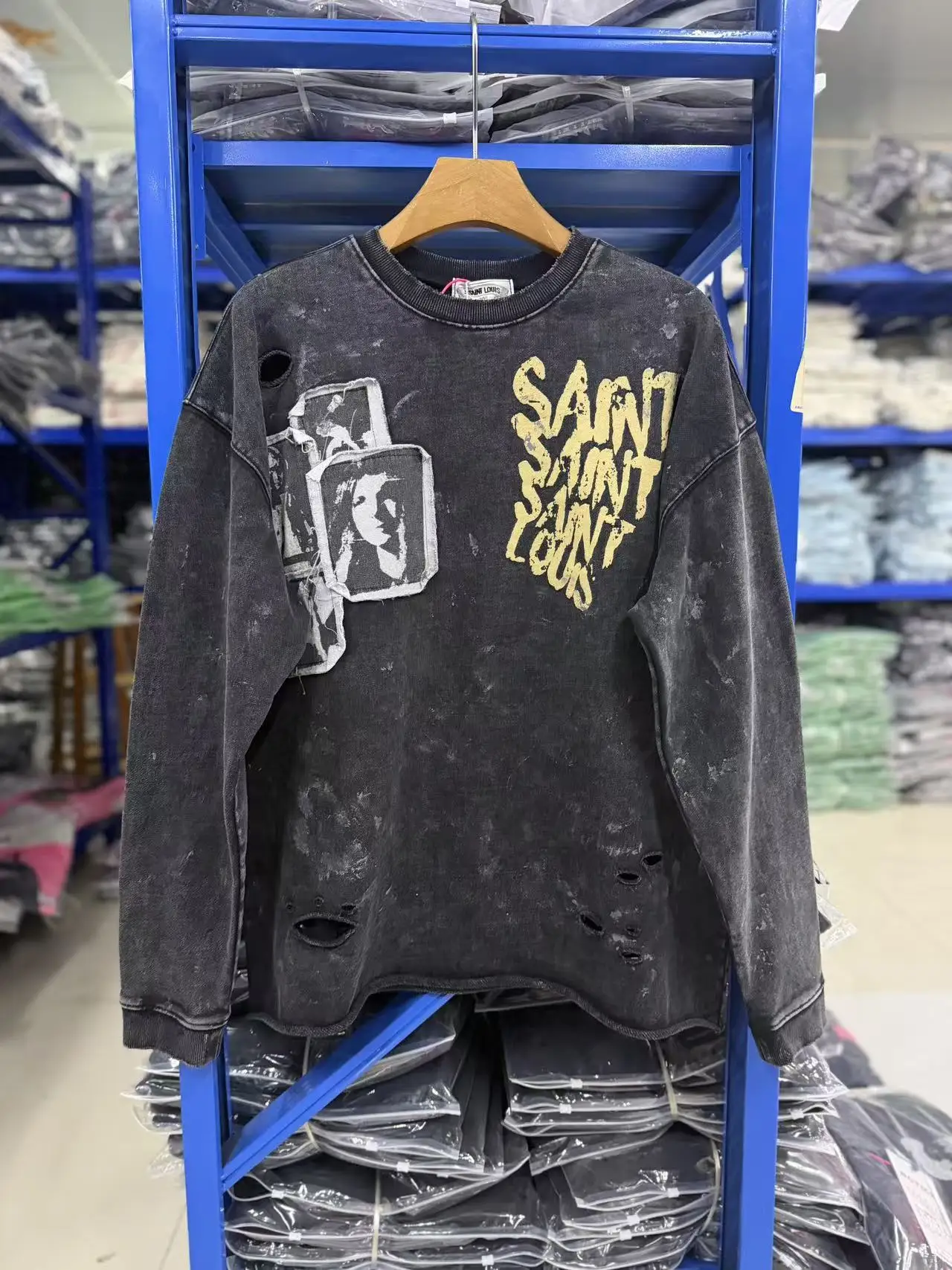 New Luxury Men SSSAINT LOUIS AMERICA Washed Black Hoodies Hoody hooded Sweatshirts velvet Cotton Thick Fleece US size A17