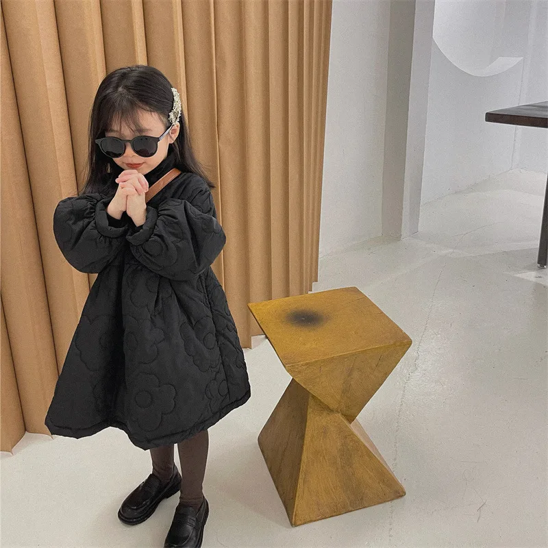 Girls\' Cotton Jacket Winter Embroidered Bubble Sleeves Thickened Cotton Jacket Fashion Children\'s Solid Color Warm Dress Coat
