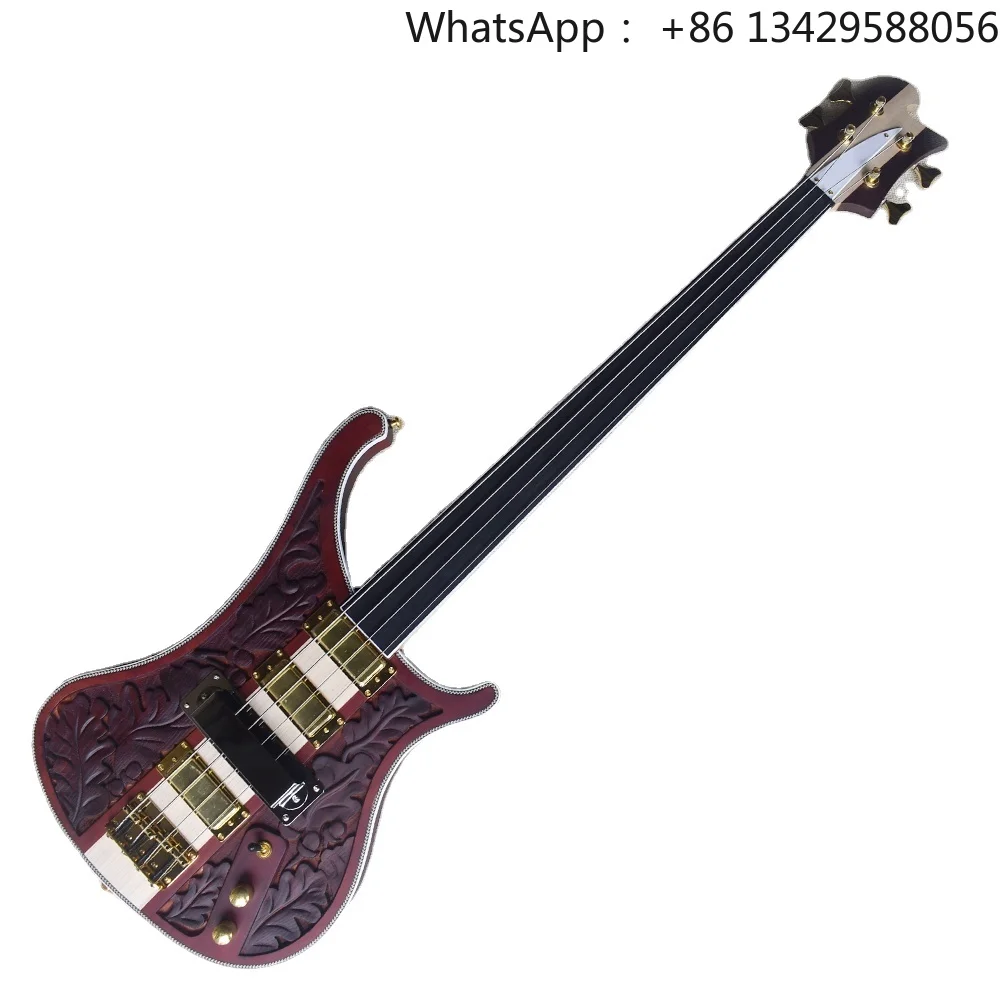 Flyoung Carved Neck Through 4 Strings Electric Bass Guitar Custom Made Fretless Guitar