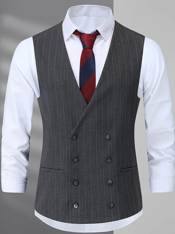 

Мужской деловой повседневный двубортный жилет в полоску больших размеров, свободный крой из смеси полиэстера с v-образным вырезом, осенняя одежда