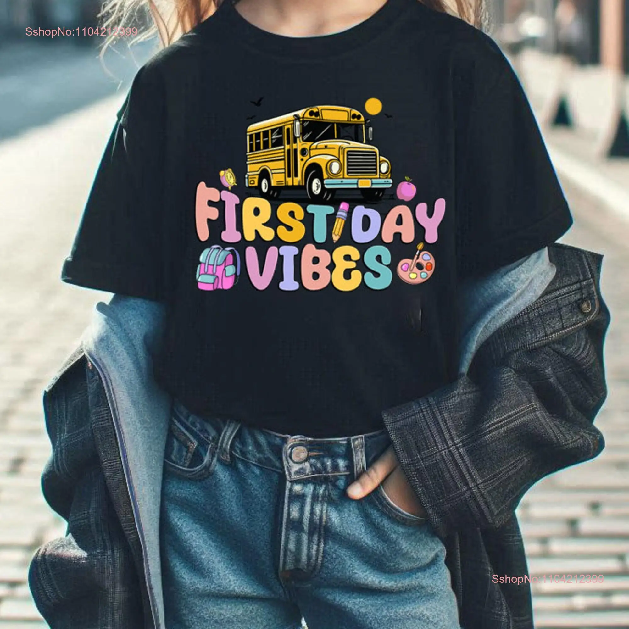 First Day Vibes Kids T Shirt Back to School Coquette bus Books Globe Girl Pencil long or short sleeves