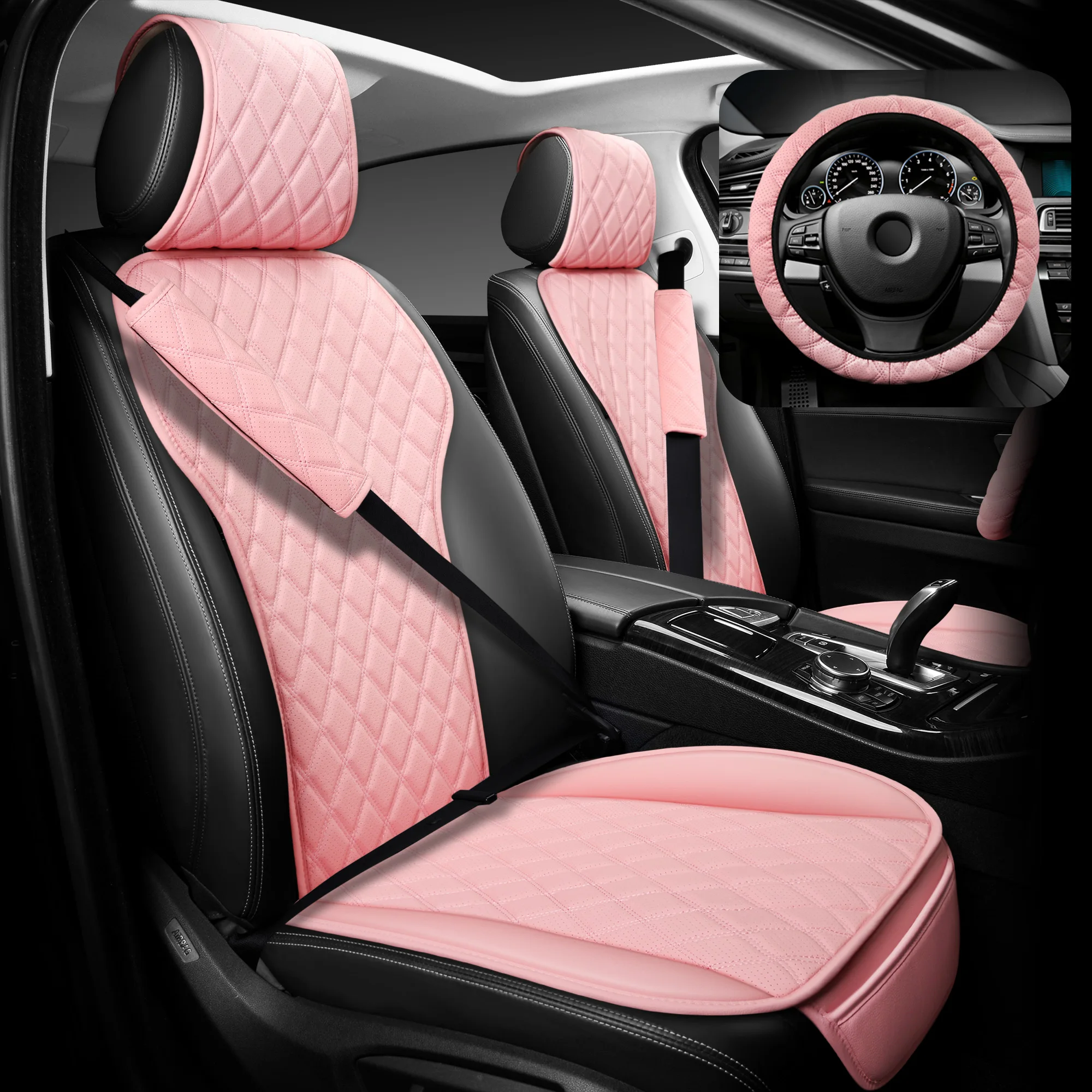 Car Seat Cushion Set, PU Leather, Double Lined Lattice, Waterproof and Wear-resistant, Four Seasons (Pink)