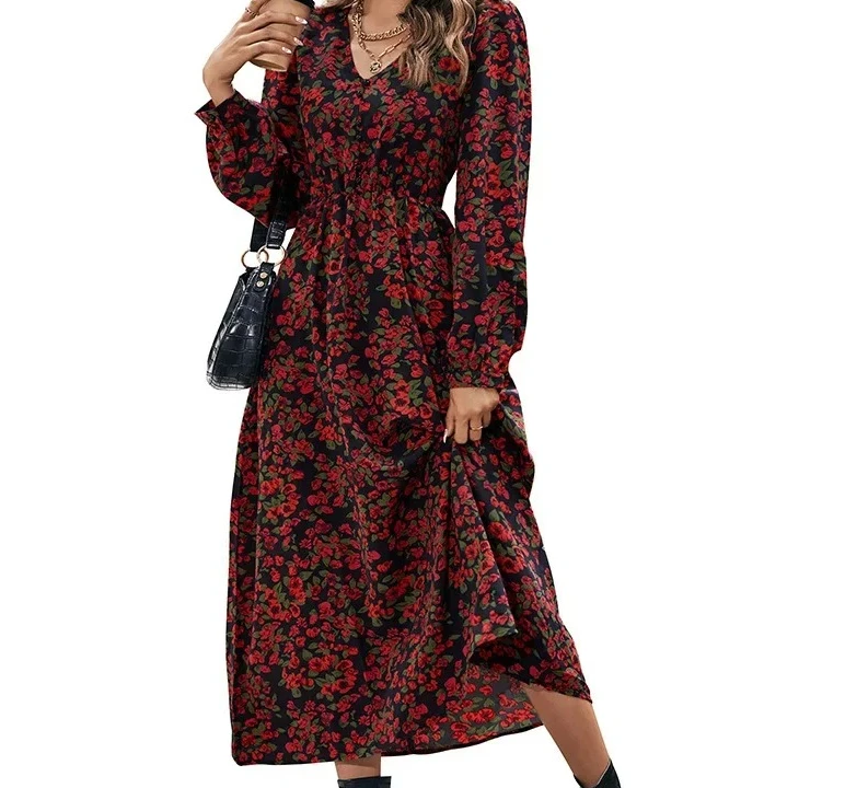 Decote em v fibra de poliéster estação independente primavera outono feminino moda elegante vermelho floral impressão manga longa vestido midi saia