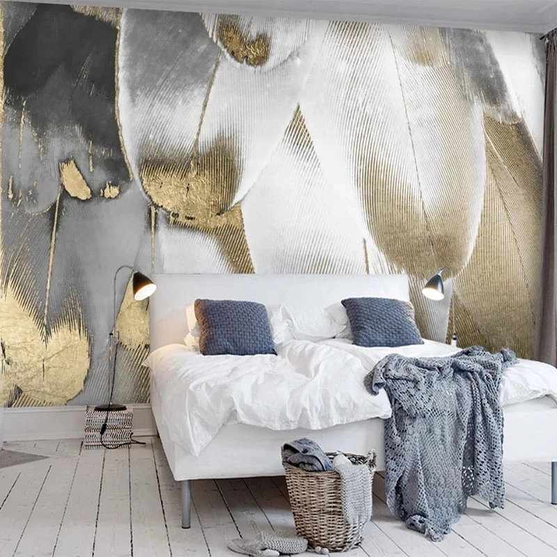 Customized 3D Retro Fashion Golden Feather Mural Bedroom Decor Abstract Wallpaper Living room sofa TV background wall restaurant