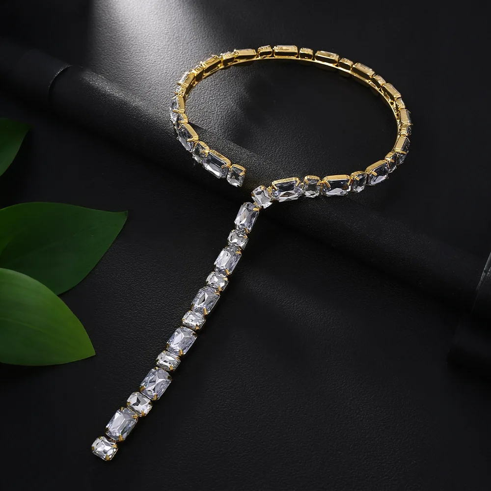 Y Drop Choker Necklace Rhinestone Crystal Cut Asymmetric Lariat Collar Sparkly Statement Jewelry for Women Prom Wedding Party
