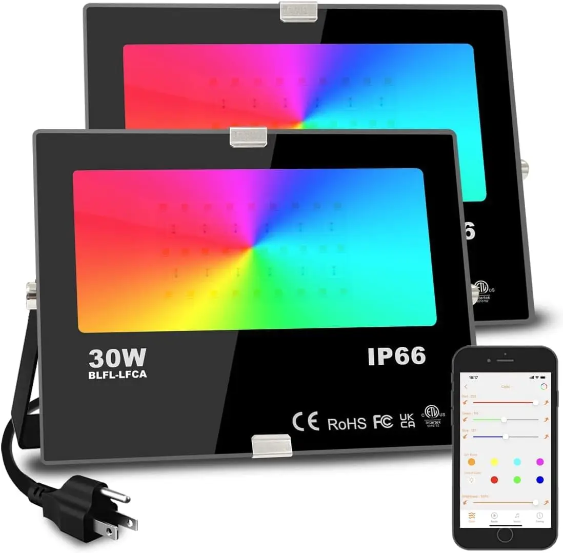 

30W Smart RGB LED Flood Light, Bluetooth App Control, 16M Colors & Music Sync, IP66 Waterproof (2 Pack)