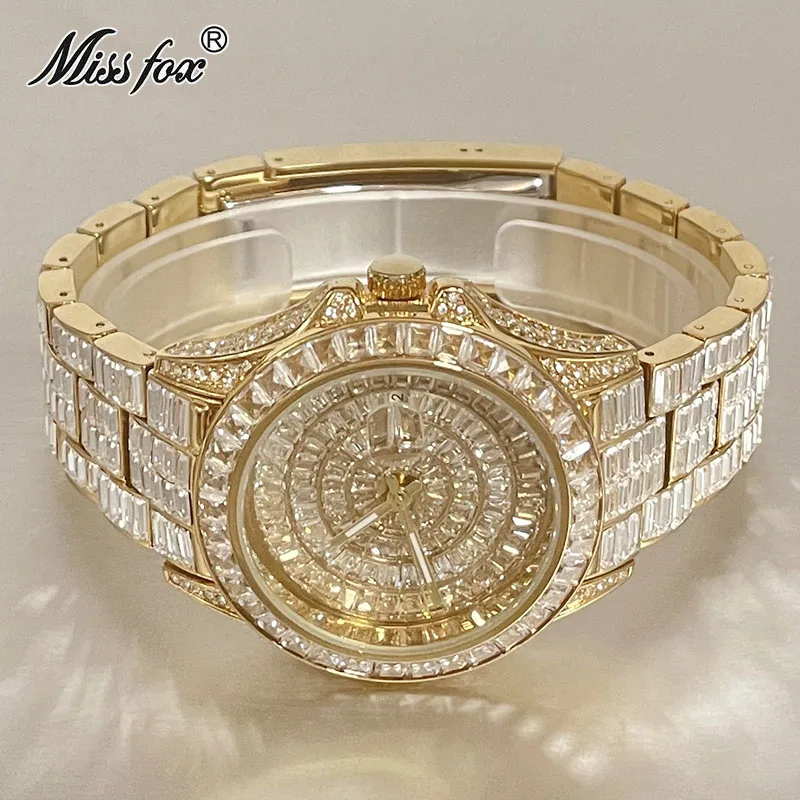 MISSFOX Luxury Watch For Mens Hip Hop Iced Out Bling Quartz Clocks Fashion Baguette Diamond Jewelry Wristwatch Man Free Shipping