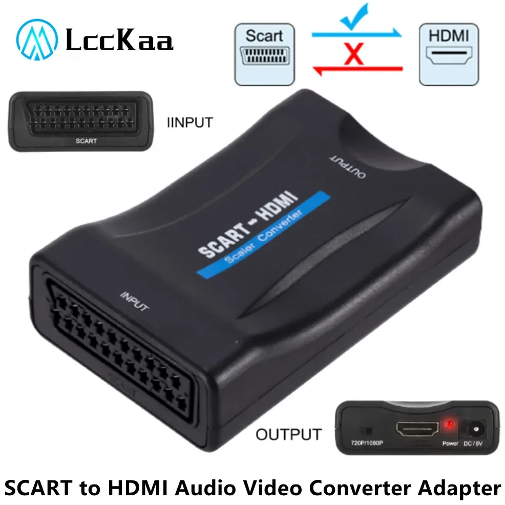 Convertidor de Audio y vídeo compatible con SCART a HDMI, con adaptador de corriente para HDTV Sky Box, DVD, señal de televisión, convertidor de lujo 1080P