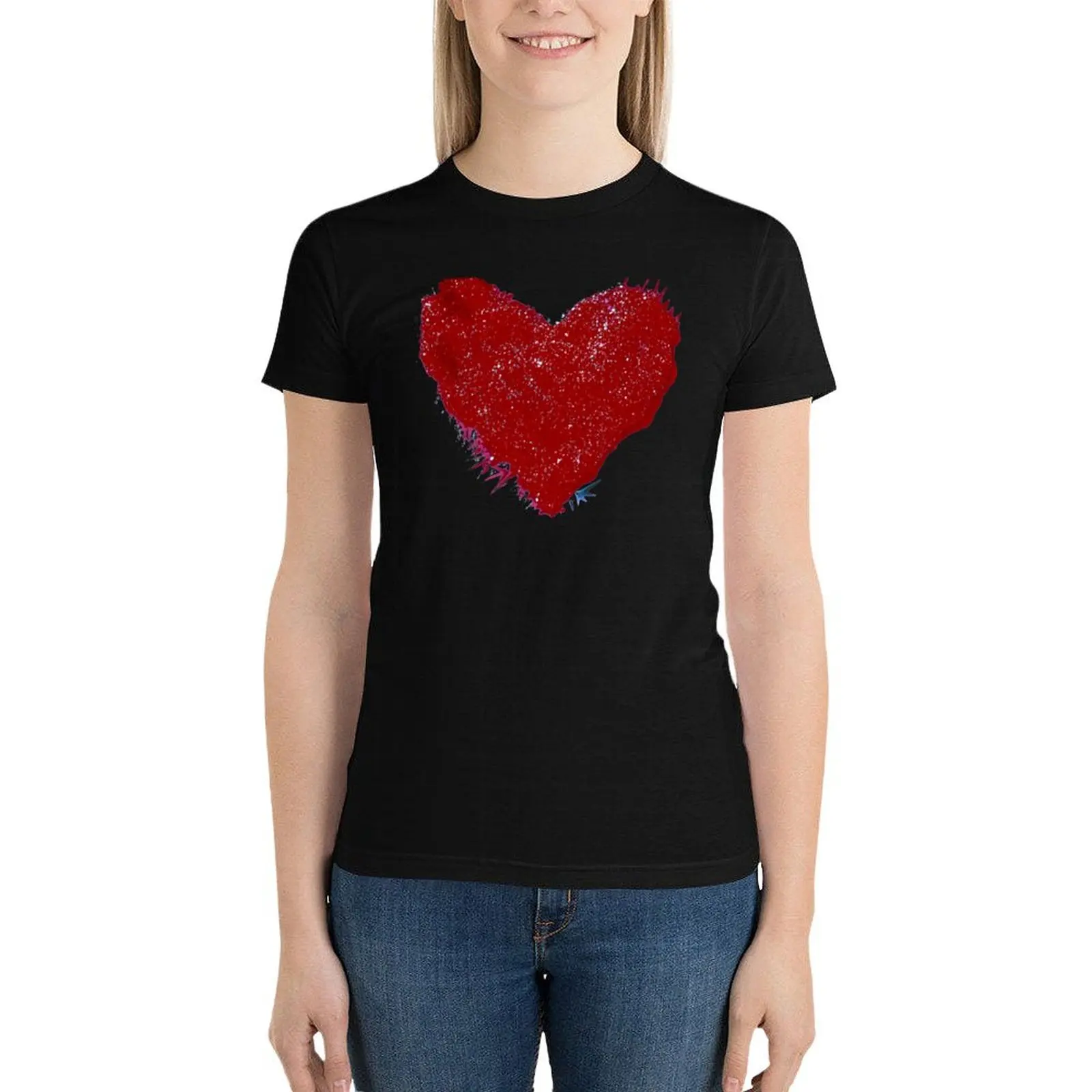 

Red Sparkle Heart T-Shirt Short sleeve tee funny Women's cotton t-shirt