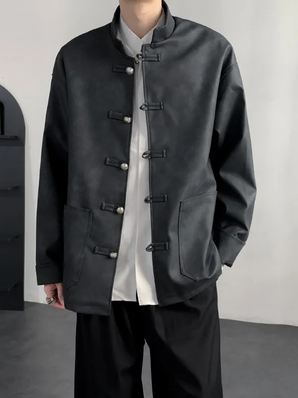 

New Chinese Sle Men's Leather Jaet Loose Fit Stand Collar Retro Button Tang Costume Modified Hanfu PU Leather Jaet