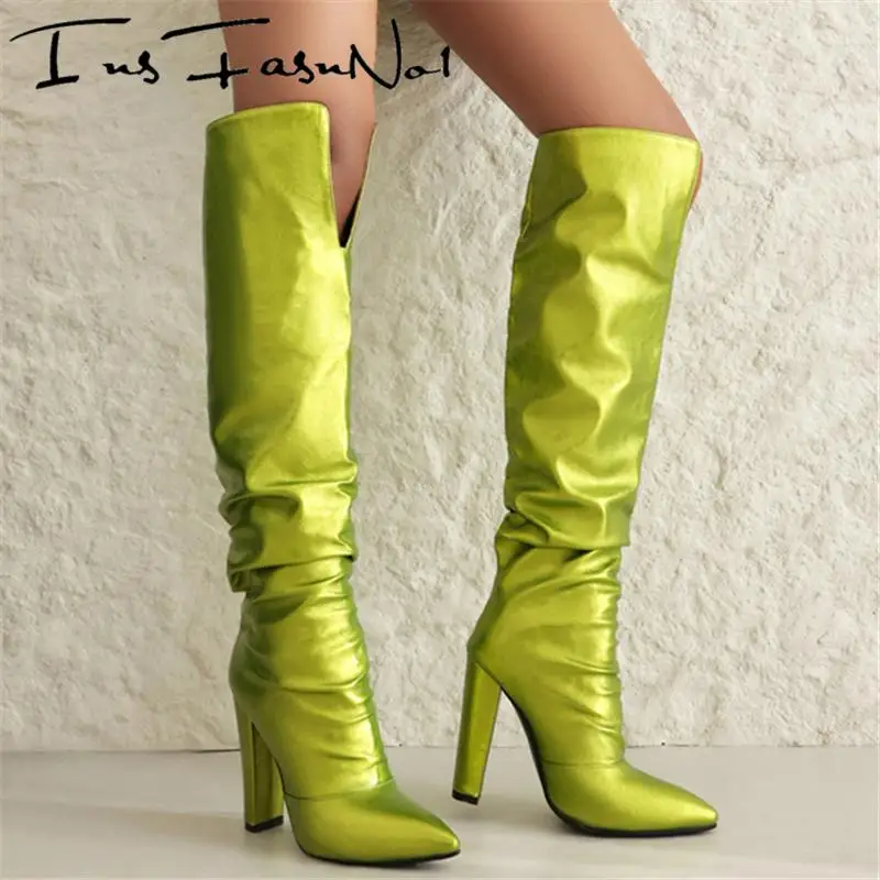 

Knee High Pleated Pointed Toe Women Boots Solid Color High Heels Slip On Hollow Fashion Sexy Western Style Concise Female Shoes