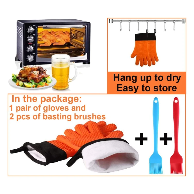 1 Pair Silicone Cooking Gloves(With 2 Pcs Pastry Brush),BBQ Grilling Smoker Gloves,Oven Mitts With Cotton Lining