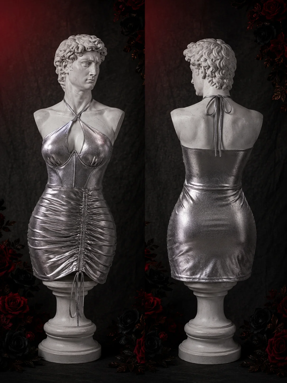 【Fragments.One Choice, No More Choices.】Vintage Reflective Silver Faux Leather Backless Cross Strap Dress