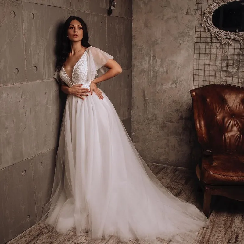 

New Arrival V-Neck Short Sleeve Appliques Beads Tulle A-Line Wedding Dress 2022 Bridal Gowns Vestido De Noiva