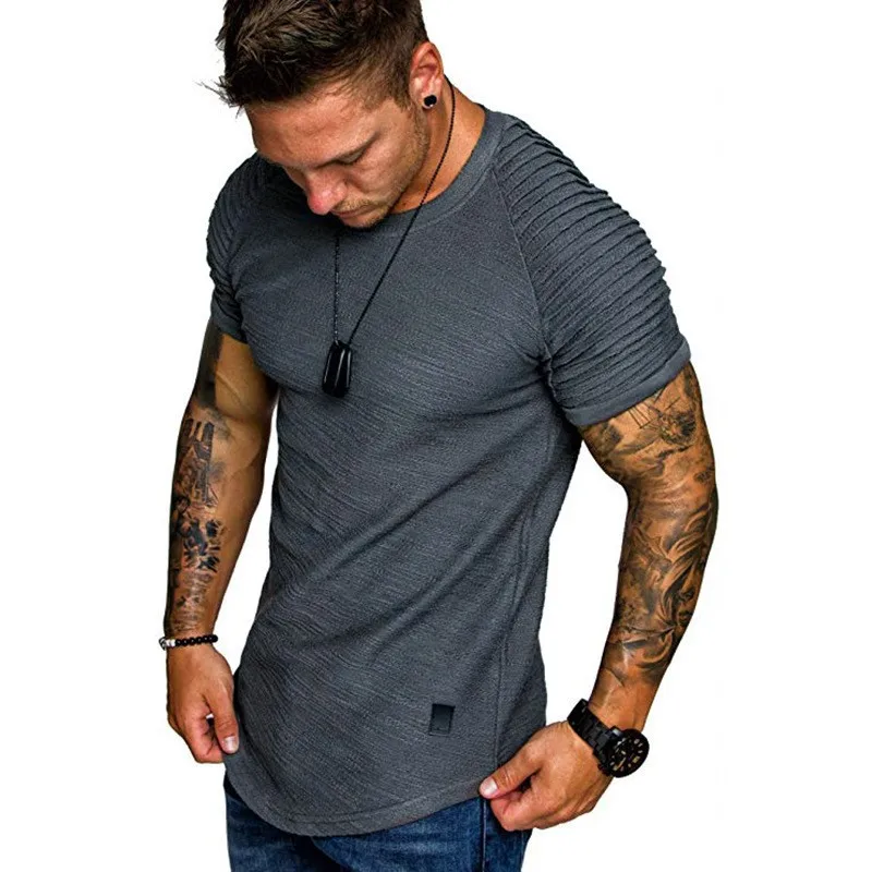 Men Solid White Slim Fit T Shirt Raglan Sleeve Pleated Detail Casual Curved Hem Tee