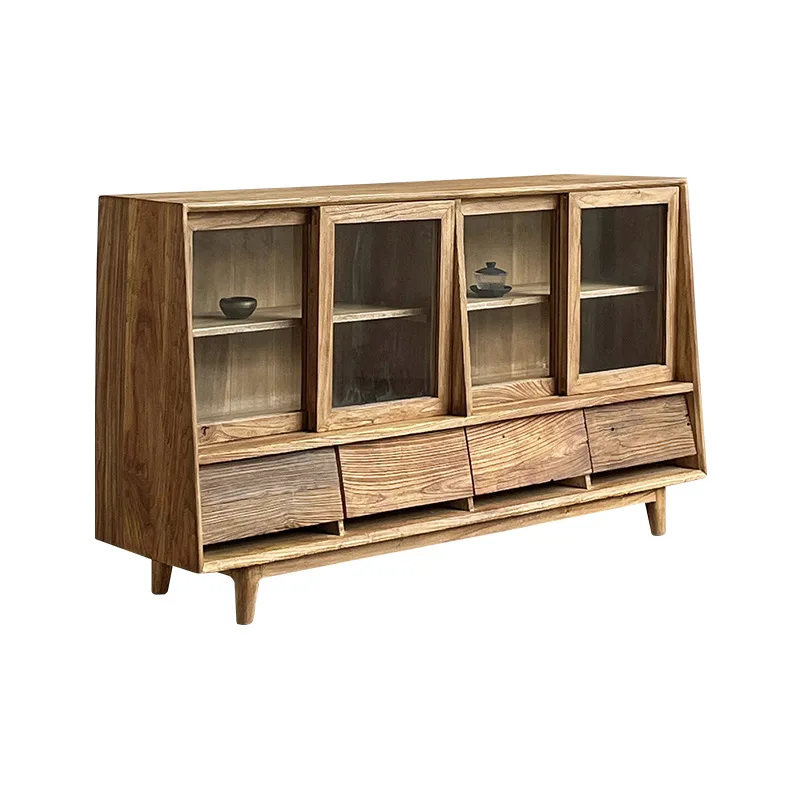 wabi-sabi wind old elm dining side cabinet, solid wood living room multi-functional glass storage cabinet