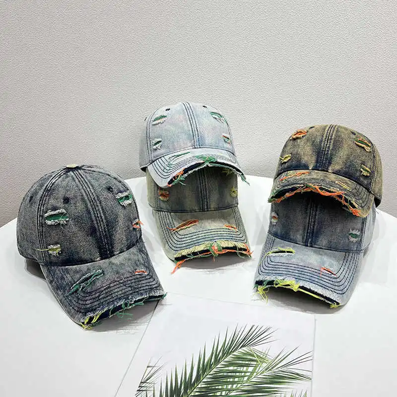 Neue Stil Frauen Kappe Tränen Stil Loch Vintage Bunte Linien Baseball Caps Weibliche Casual Outdoor Streetwear Denim Hut – Detail 1