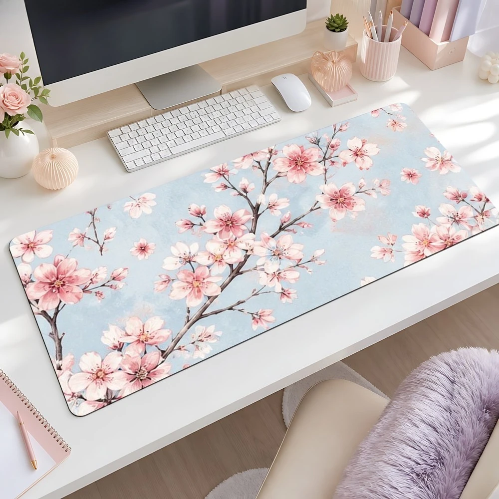 Pink cherry blossom flower mouse pad, anti-slip, for office desk, computer desk, desk, desktop decoration accessory