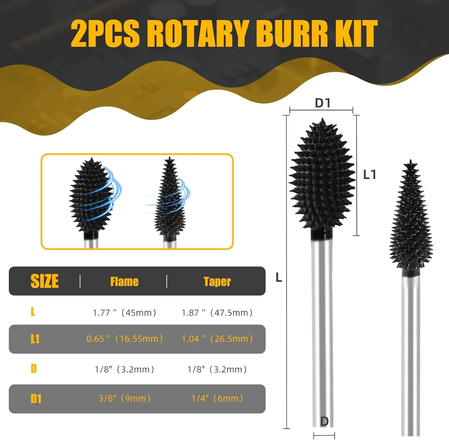 2Pcs Carbide Rotary Burr Set 1/8
