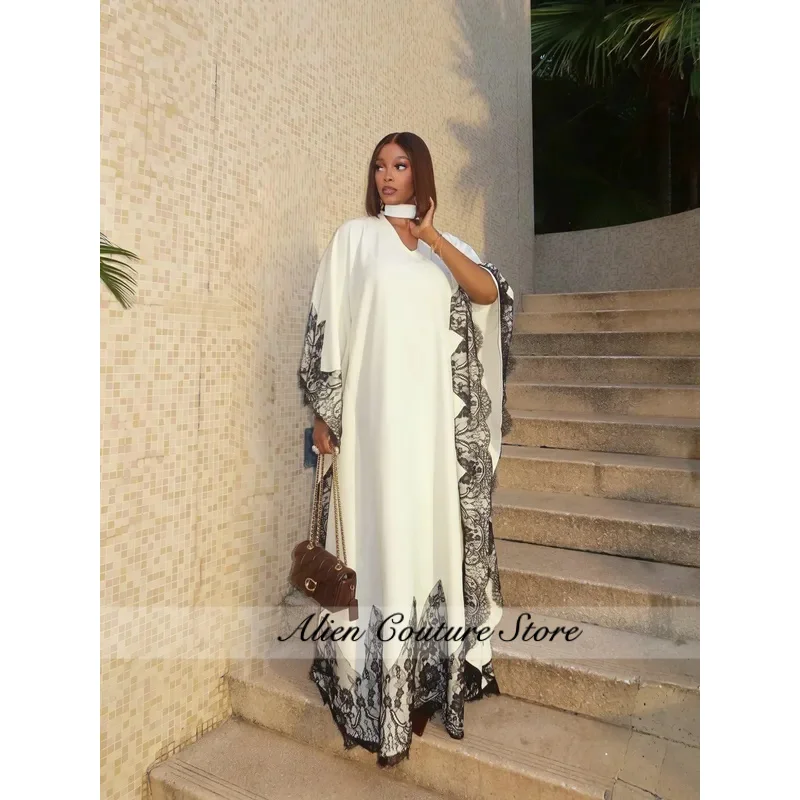 Elegant Loose White Long Women Robe Kafatn With Black Lace Appliques Modest Women Dresses  Many Color Available