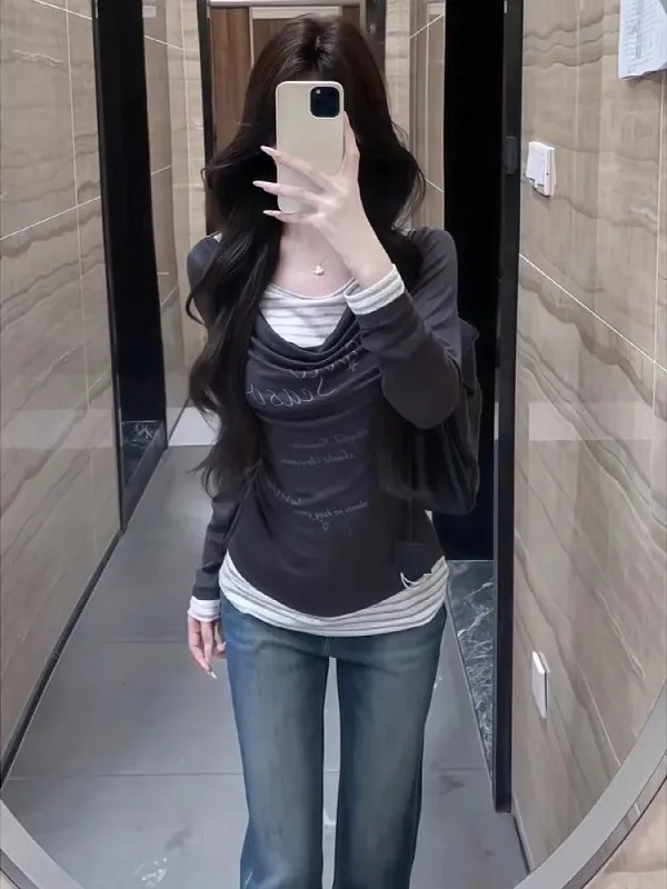 

Женская осенняя футболка больших размеров с длинным рукавом, с буквенным принтом, приталенная, модный топ для полных женщин