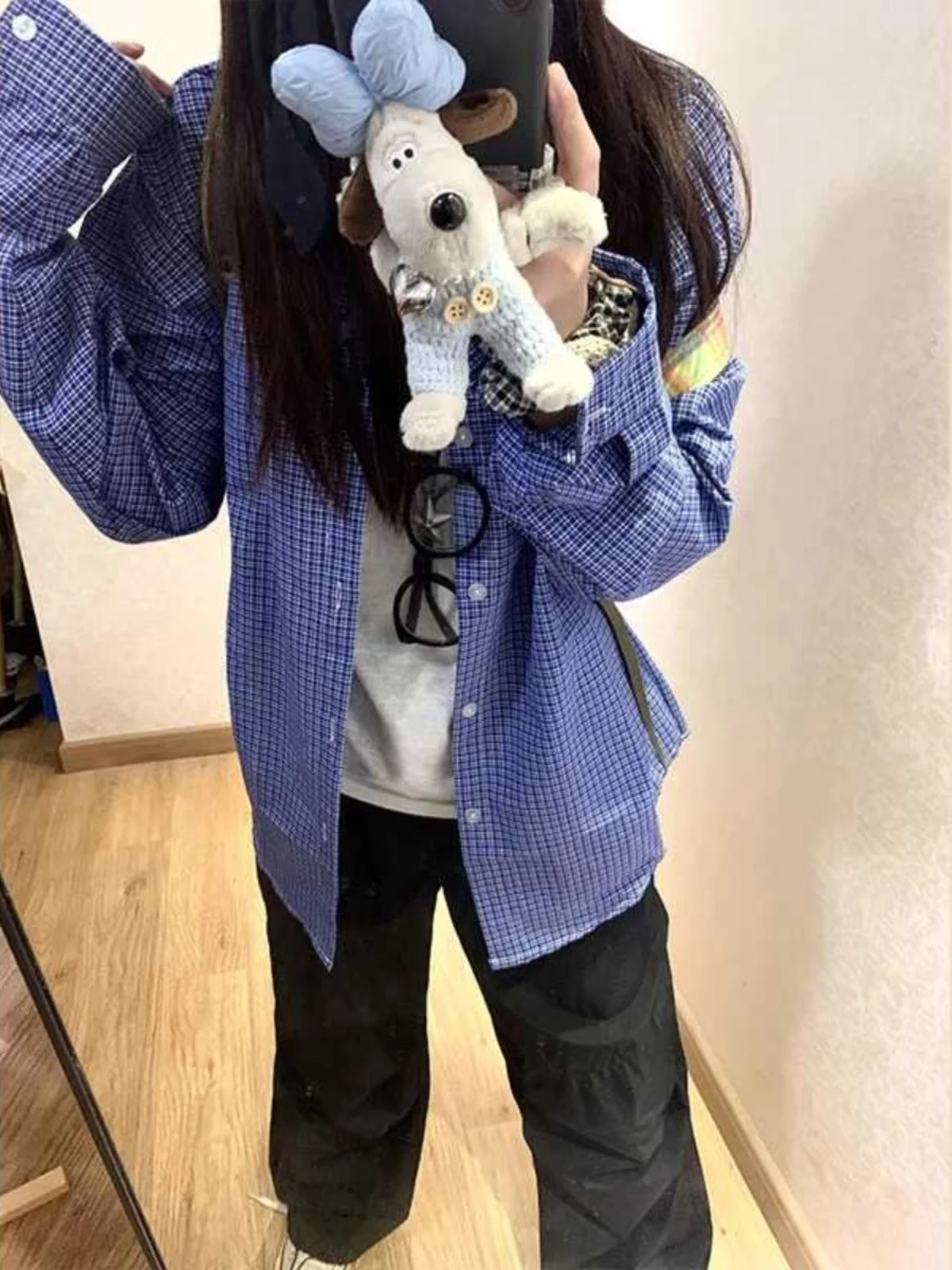 

Синяя клетчатая свободная повседневная рубашка в корейском стиле для женщин, тонкая, для защиты от солнца, для работы и отдыха, профессиональная рубашка