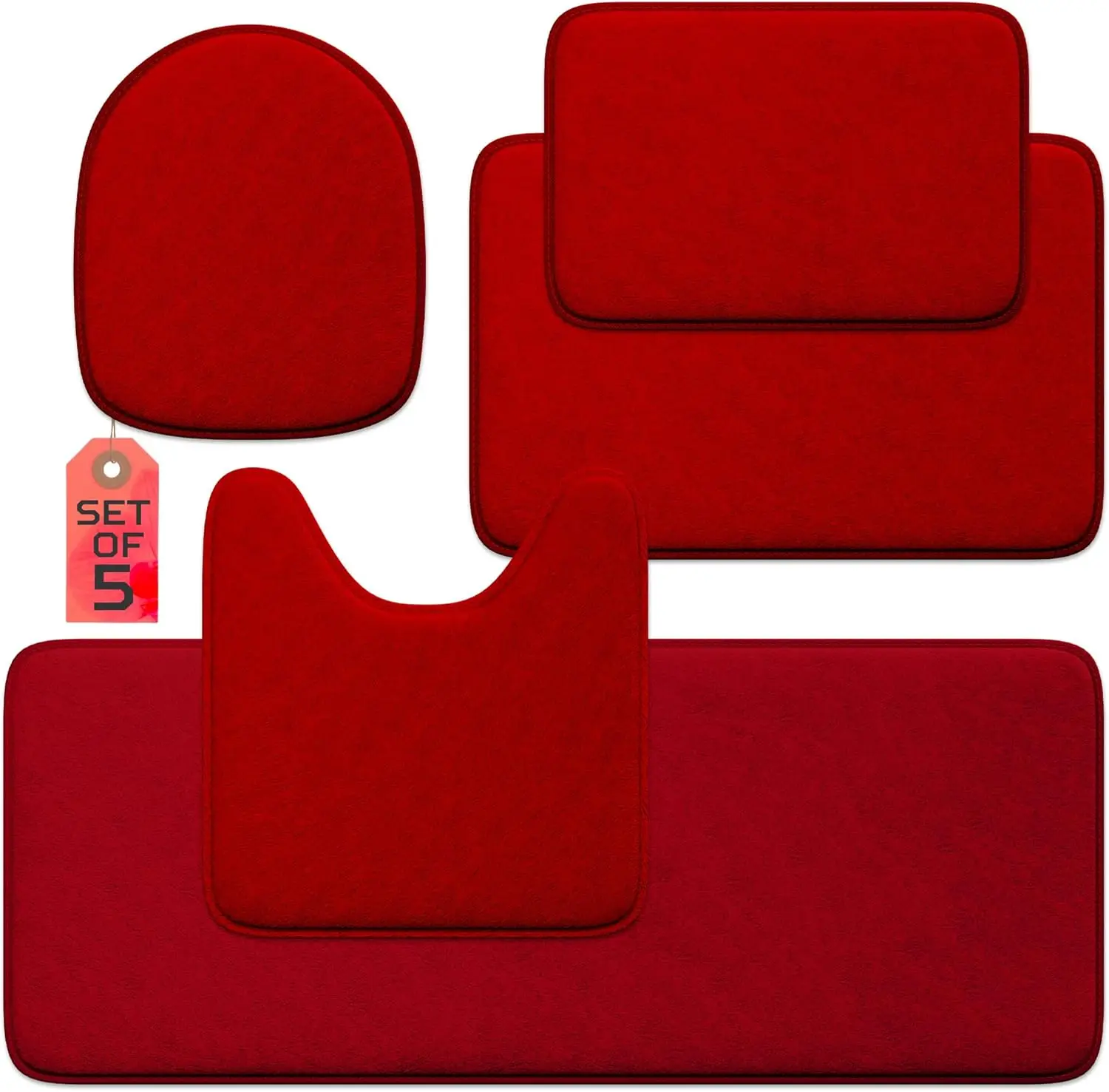 

5-Piece Memory Foam Bath Mat Set - Non-Slip, Ultra Absorbent, Quick Dry, Machine Washable in Burgundy