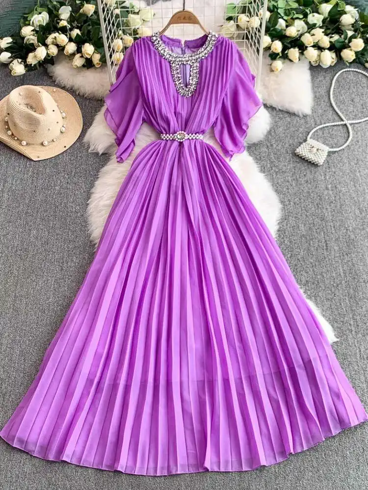 Cristal luxe robes de soirée formelles femmes été ample grande taille à manches courtes plissée en mousseline de soie longue robe femme robes de soirée