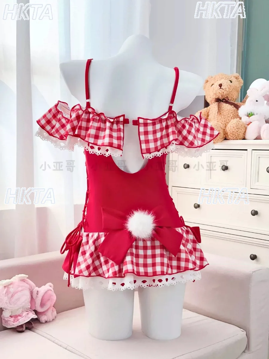 Japanese Sweet Red Plaid One-piece Swimsuit Women's Bow Ruffle Edge Sling Swimsuit Bikini Summer Winter Hot Spring Swimwear