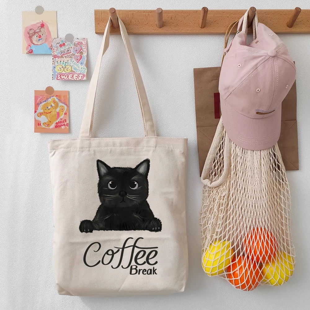 Women's Canvas Handbag Fun Black Cat Poster Women's Shoulder Bag Fashion Girl Handbag Large Capacity Shopping Bag